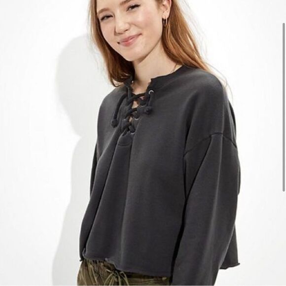 American Eagle Lace Up Fleece Cropped Sweatshirt Charcoal Gray - Picture 1 of 9